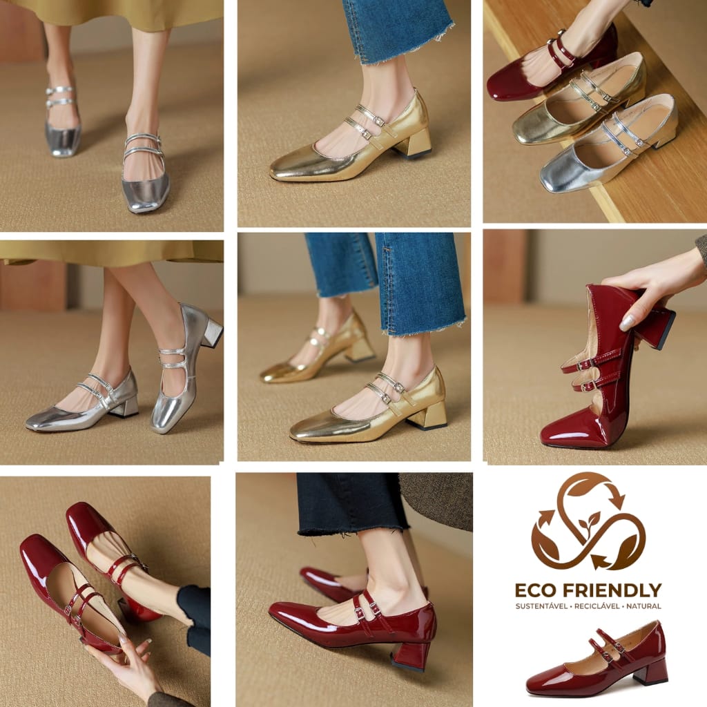 Sapato Feminino Mary Jane Salto Bloco &ndash; Verniz Premium com Duas Fivelas